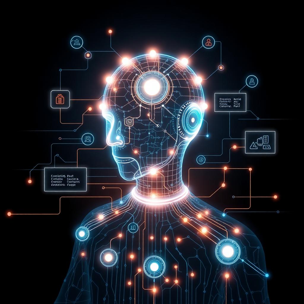 Abstract glowing AI agent orchestrating business process workflows with interconnected enterprise system nodes and decision gates