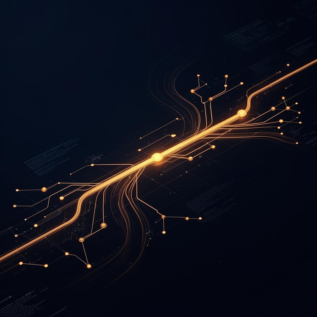 Abstract luminous golden-amber timeline with connected nodes representing AI actions and data checkpoints in a dark space
