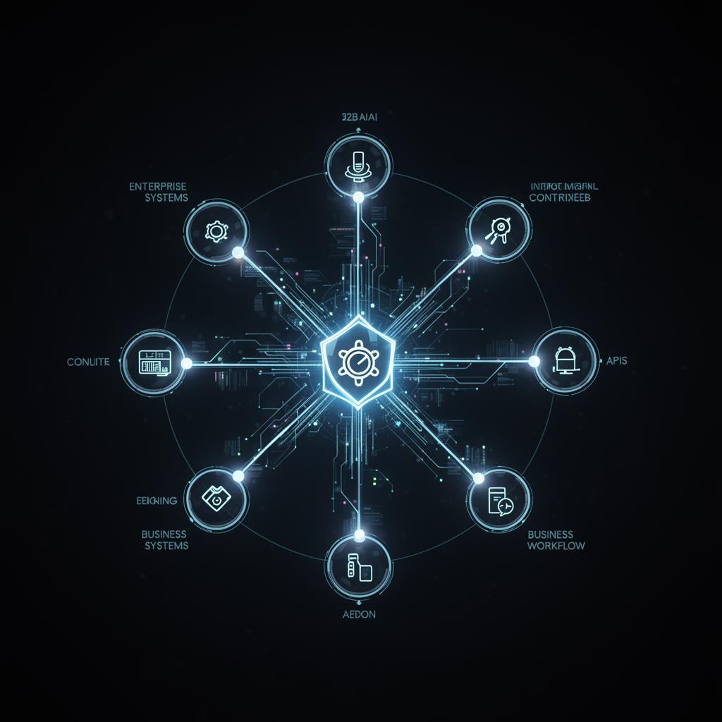Abstract glowing B2B AI integration network connecting enterprise systems, APIs, and workflows through a secure control hub on a dark background