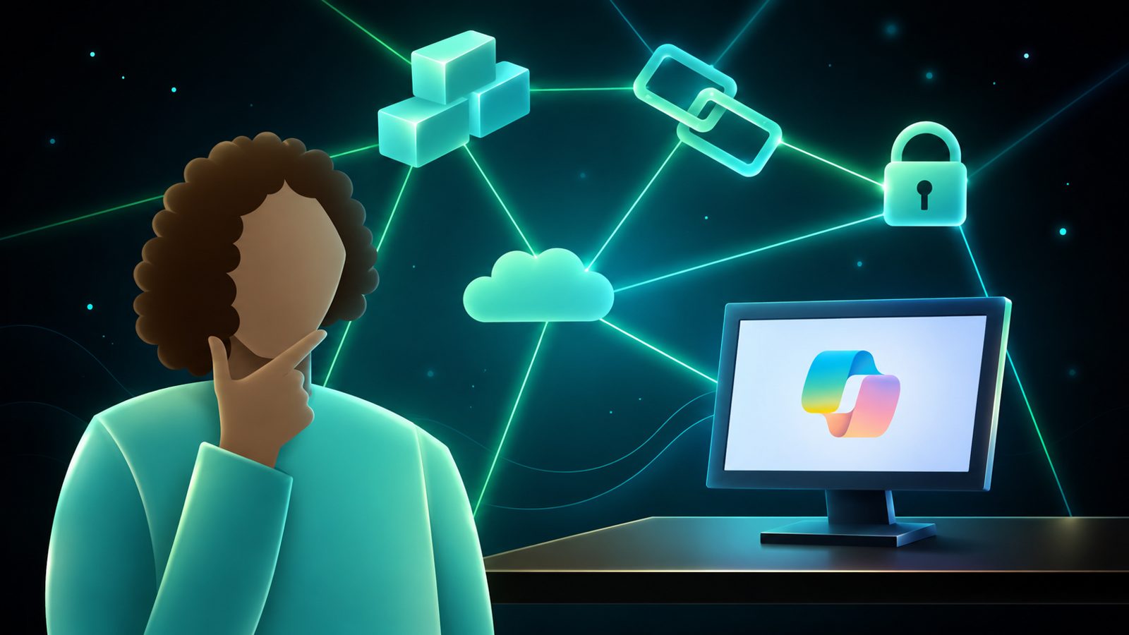 Stylized illustration of a person next to a monitor showing the Microsoft Copilot logo, connected to floating icons of cloud, data, integration link and security lock on a dark background