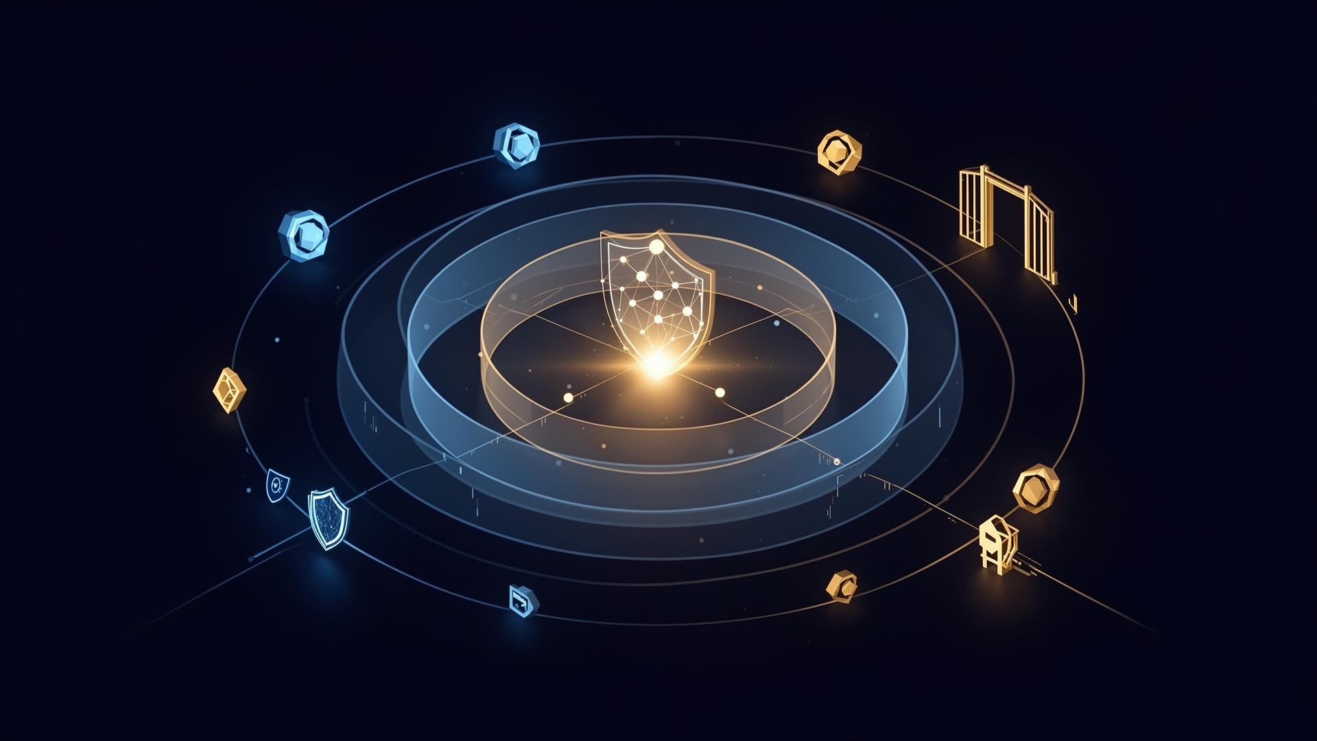Abstract concentric governance rings around a control node with policy gates connecting enterprise systems