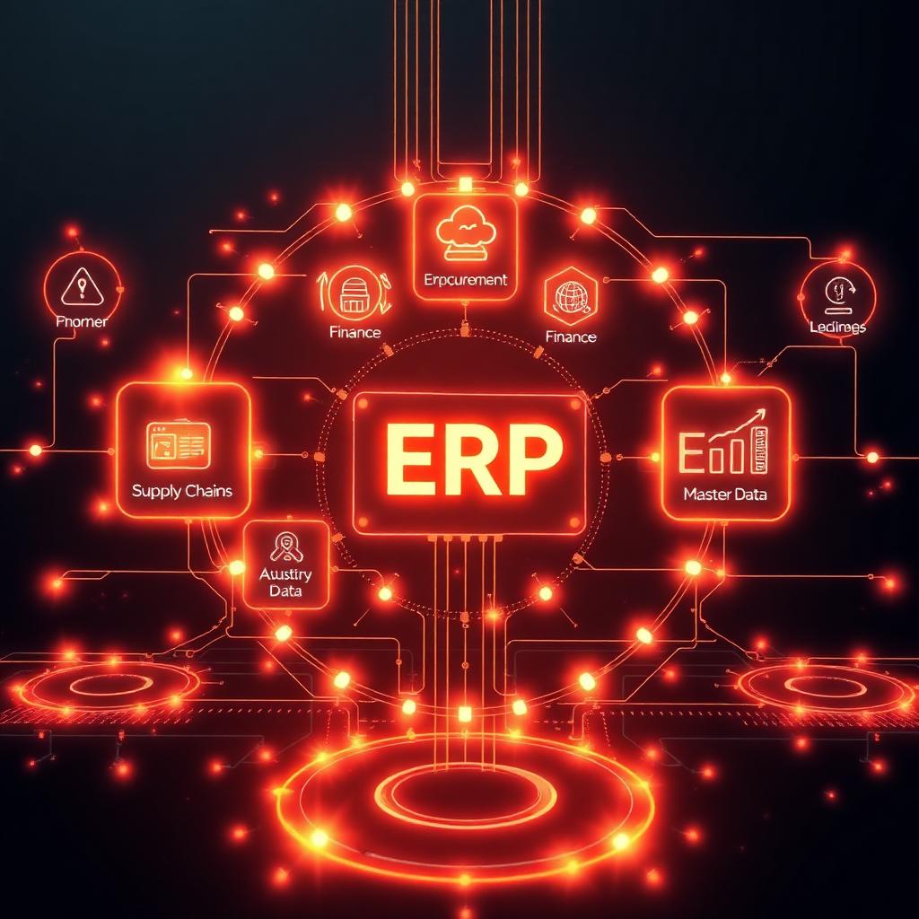 Abstract glowing ERP AI automation system orchestrating enterprise resource planning workflows with interconnected modules on a dark background