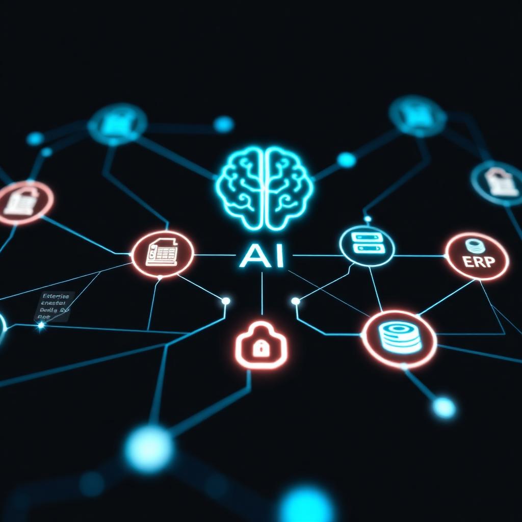 Abstract glowing network connecting an AI node to enterprise system icons through a secure control hub
