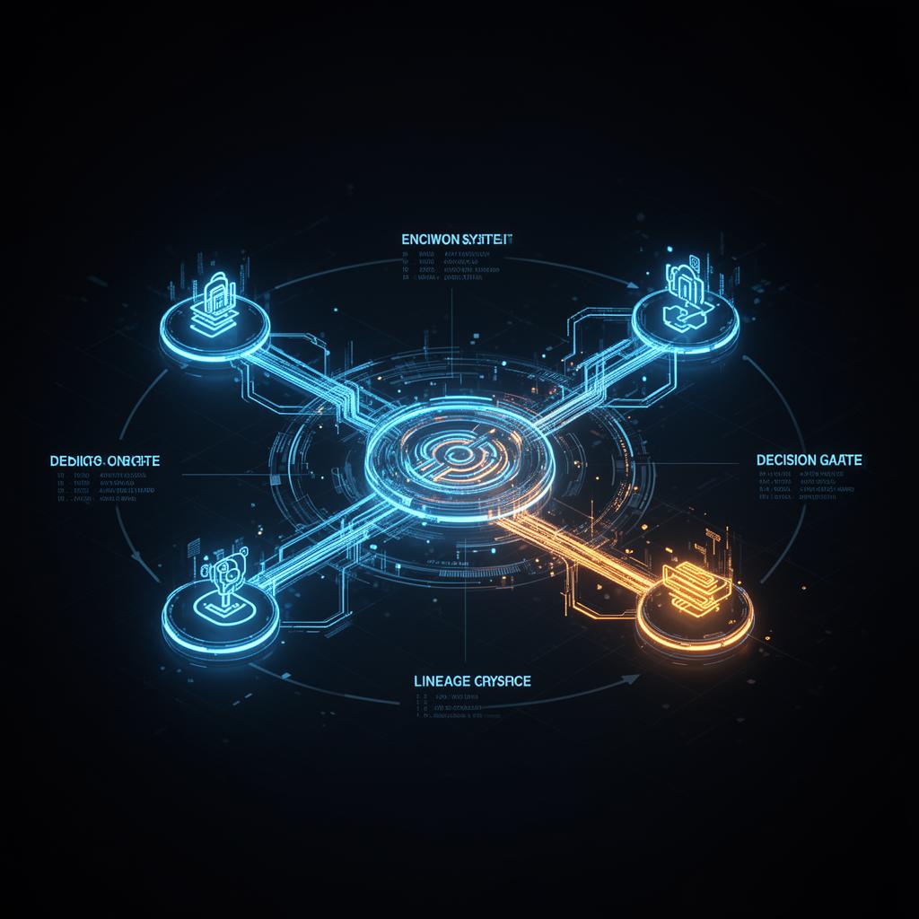 Abstract glowing AI traceability network connecting data streams, audit nodes, and enterprise systems on a dark background